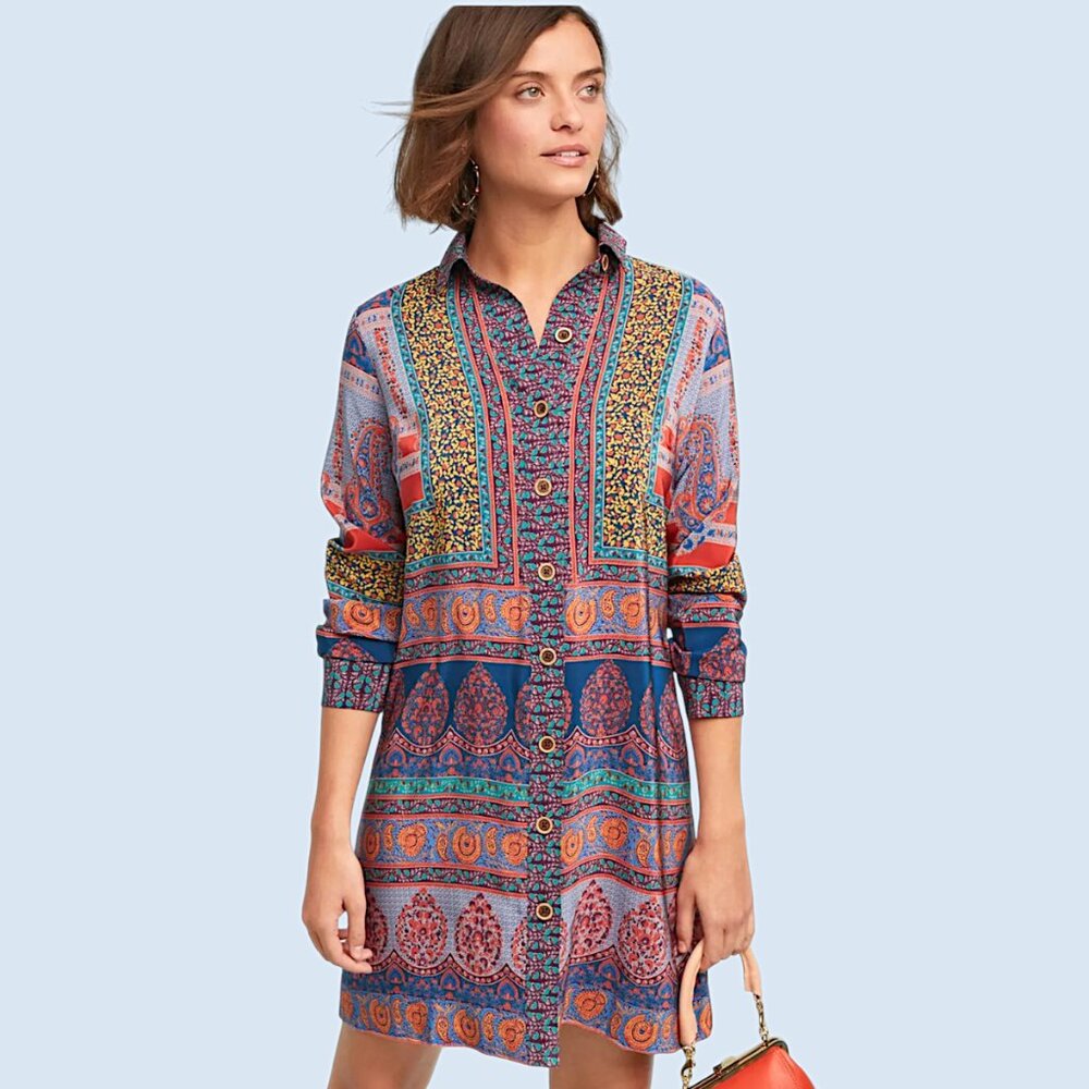 Maeve Multicolor Printed Button-Front Shirt Dress - Blue, Pink, Orange